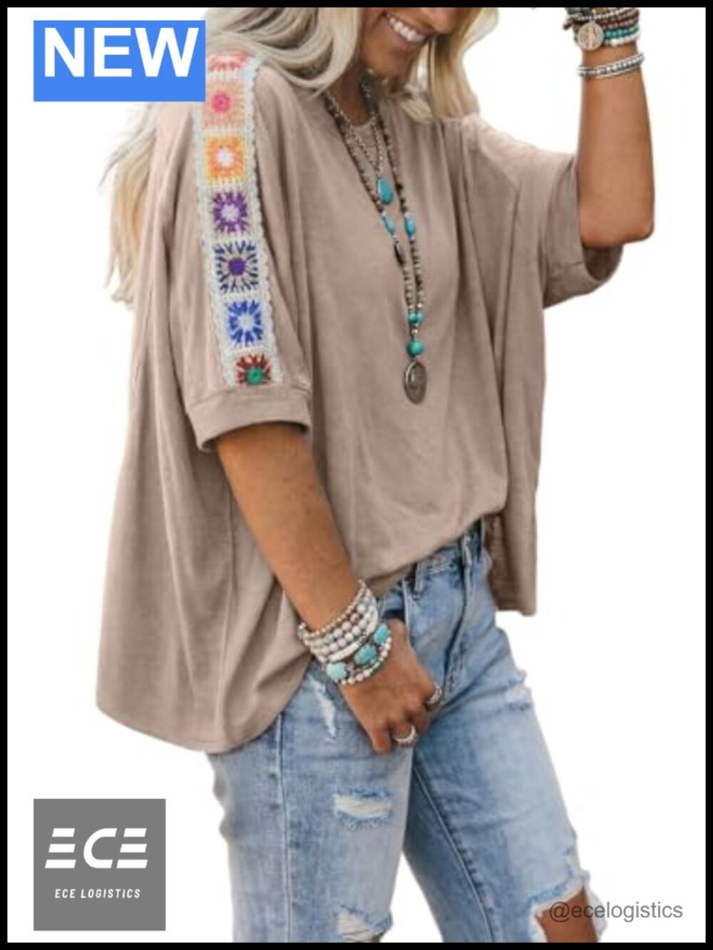 Oversized Short Sleeve Embroidered T-Shirt Crewneck Loose Fit Beach Vacation Top